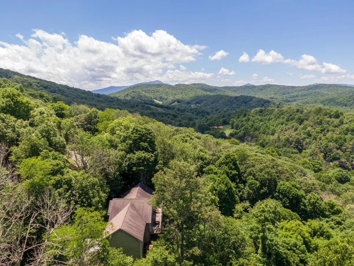 A sweeping view of lush green trees, distant mountains, blue sky, and the house nestled among the trees. The image conveys the expansive natural beauty and wilderness surrounding the home, with hints of nearby hiking trails and peaceful mountain scenery.
